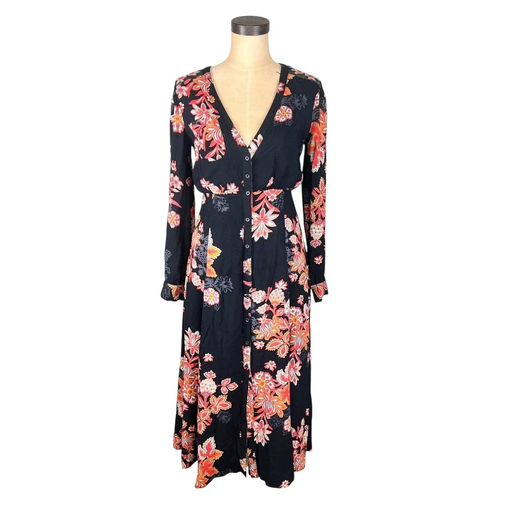 Free People Floral Embroidered Mesh Shoulder Button Front Midi Dress Black Sz 2
